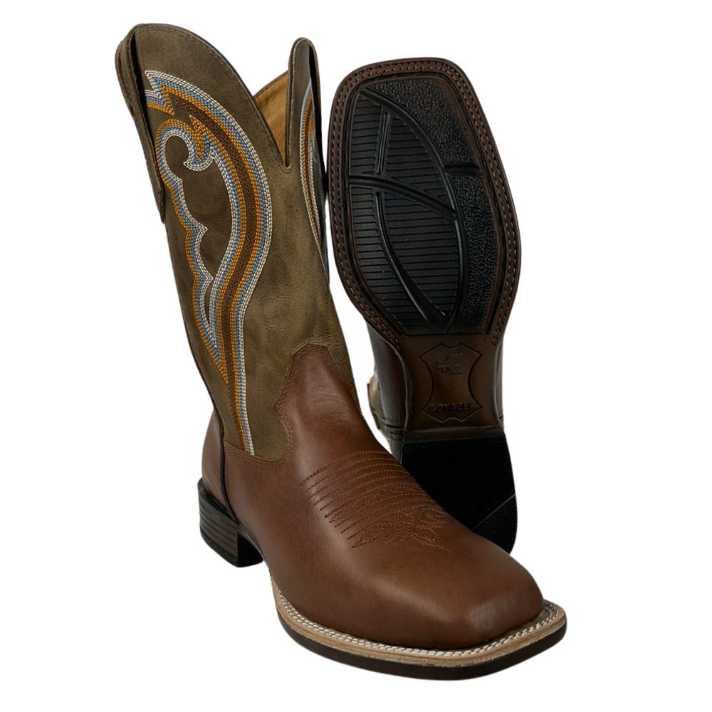 Bota Texana Masculina Goyazes Bico Quadrado Flex Couro Pull Up Brown/Dallas Bege REF: 226505 - CP