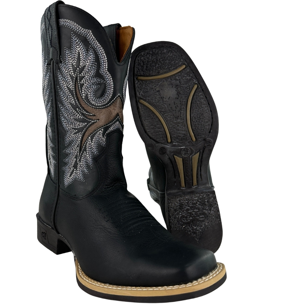 Bota Texana Masculina Goyazes Bico Quadrado Bull Couro Bison Preto Mustang Preto REF:264802-CB