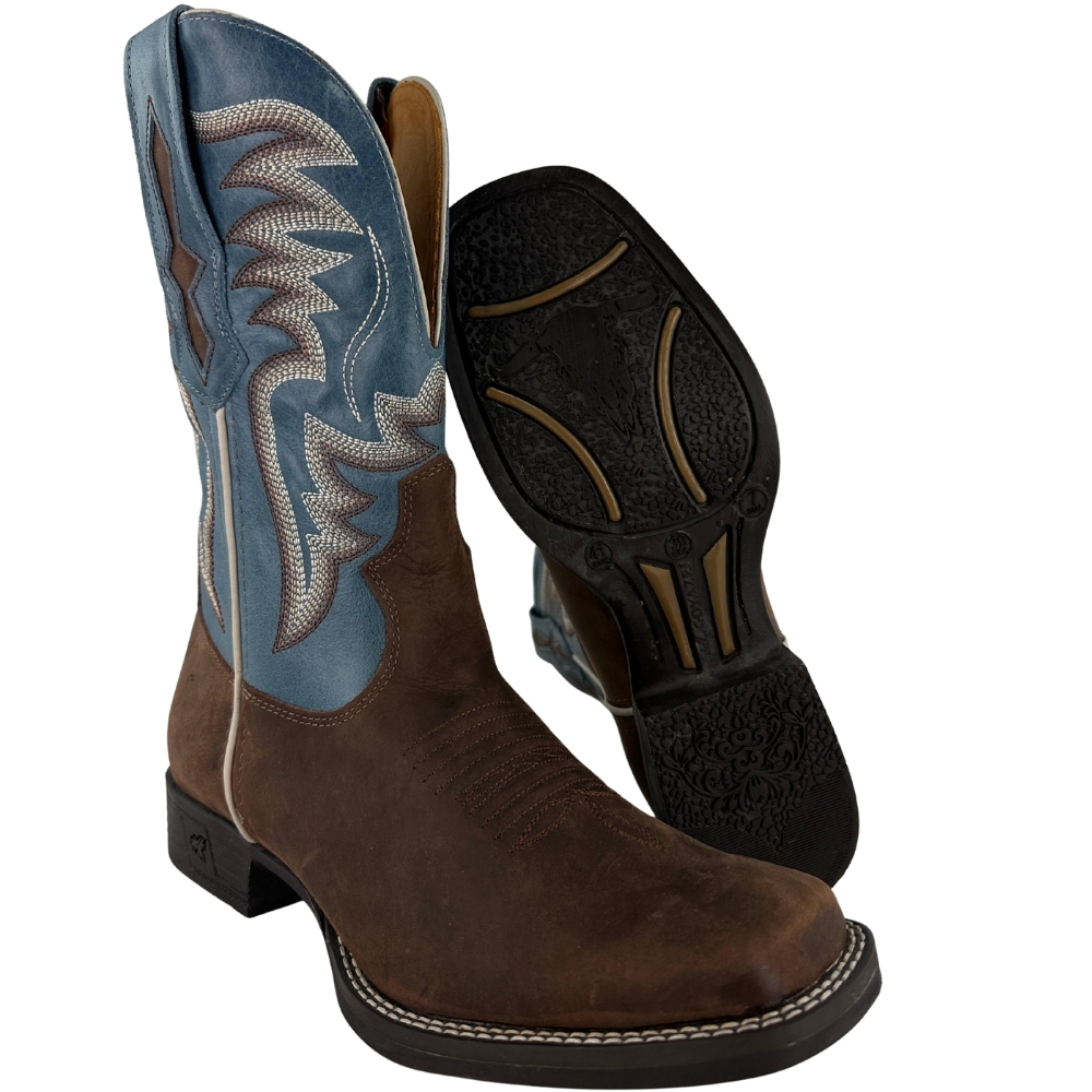 Bota Texana Masculina Goyazes Bico Quadrado Bull Couro Dakar Café/Waco Denin REF:264801-CB-01