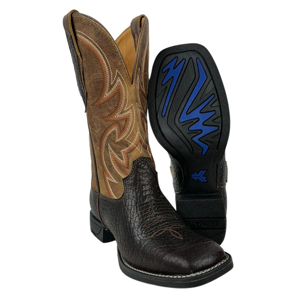 Bota Texana Masculina Goyazes Bico Quadrado Cabeça de Boi Brown/Couro Dallas Furta Cor Ref.241503-CBF