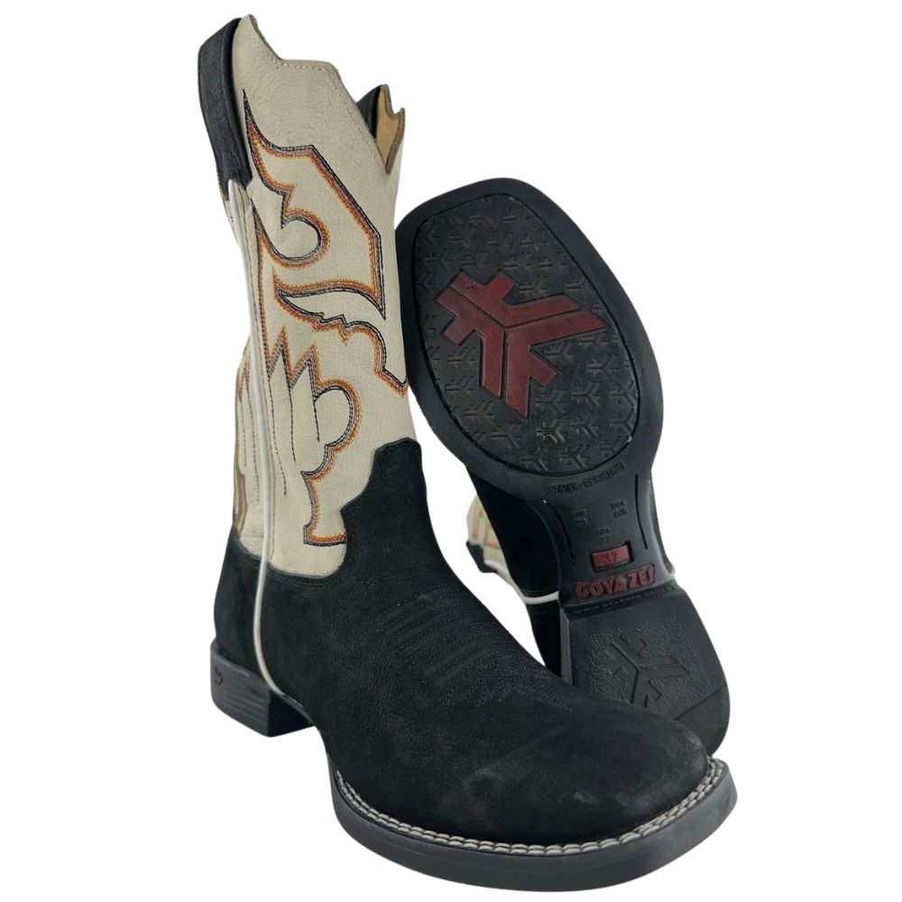 Bota Texana Masculina Goyazes Bico Quadrado Flex Couro Nobuck Cano Off White Bordado Ref:201560-CF