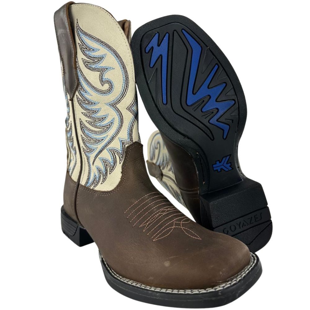 Bota Texana Masculina Goyazes Bico Quadrado Power Couro Dallas Tabaco/Off White Cano Bordado Ref: 253001-CF-04