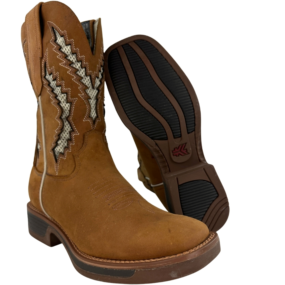 Bota Texana Masculina Goyazes Bico Quadrado Waterproof Rebar Couro Nobuck Oil Mel Solado Jump REF:261501-CHR-07
