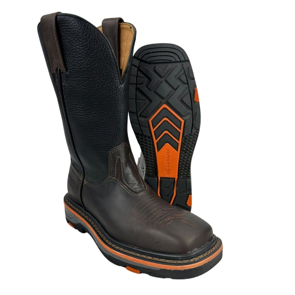 Bota Texana Masculina Goyazes Bico Quadrado Work Dallas Café Couro Pit Stop Preto Ref.207402-CK