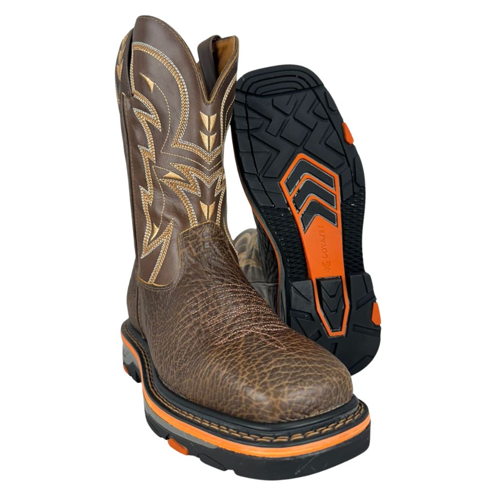 Bota Texana Masculina Goyazes Bico Quadrado Work Laranja Couro Cabeça De Boi Mustang Cano Bordado Creme Ref:267403-CBK