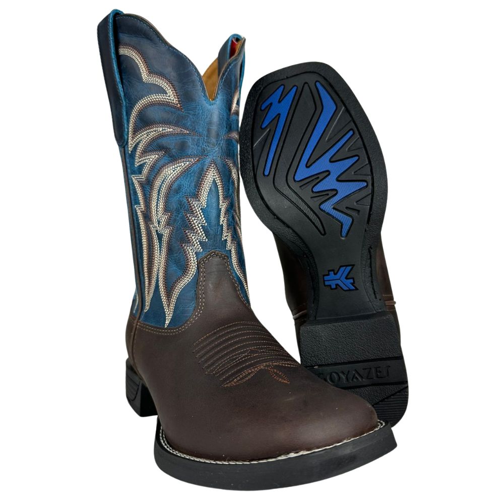 Bota Texana Masculina Goyazes Quadrada Flex Café Cano Azul Dallas Café Turquesa Ref:253003-CF-04