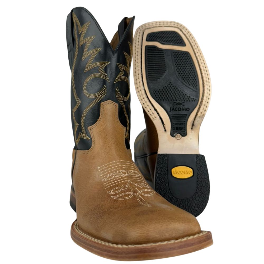 Bota Texana Masculina Jácomo Couro Hunter Conhaque Fóssil Oil Preto Cano Bordado Ref:40011/BTRX