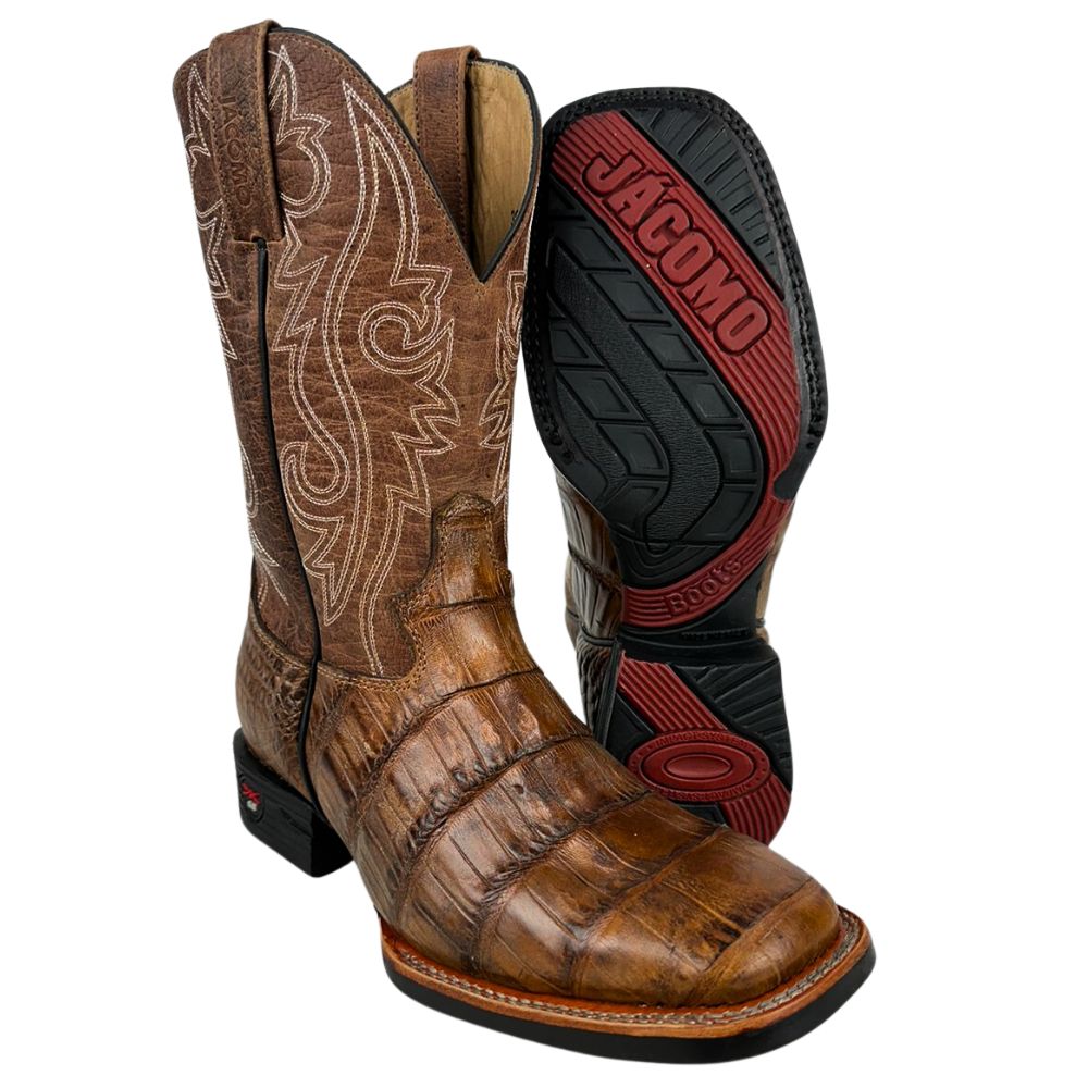 Bota Texana Masculina Jácomo Bico Quadrado Couro Jacaré Açu Cauda Conhaque/Fóssil Buf Sella REF: 3132/PGD