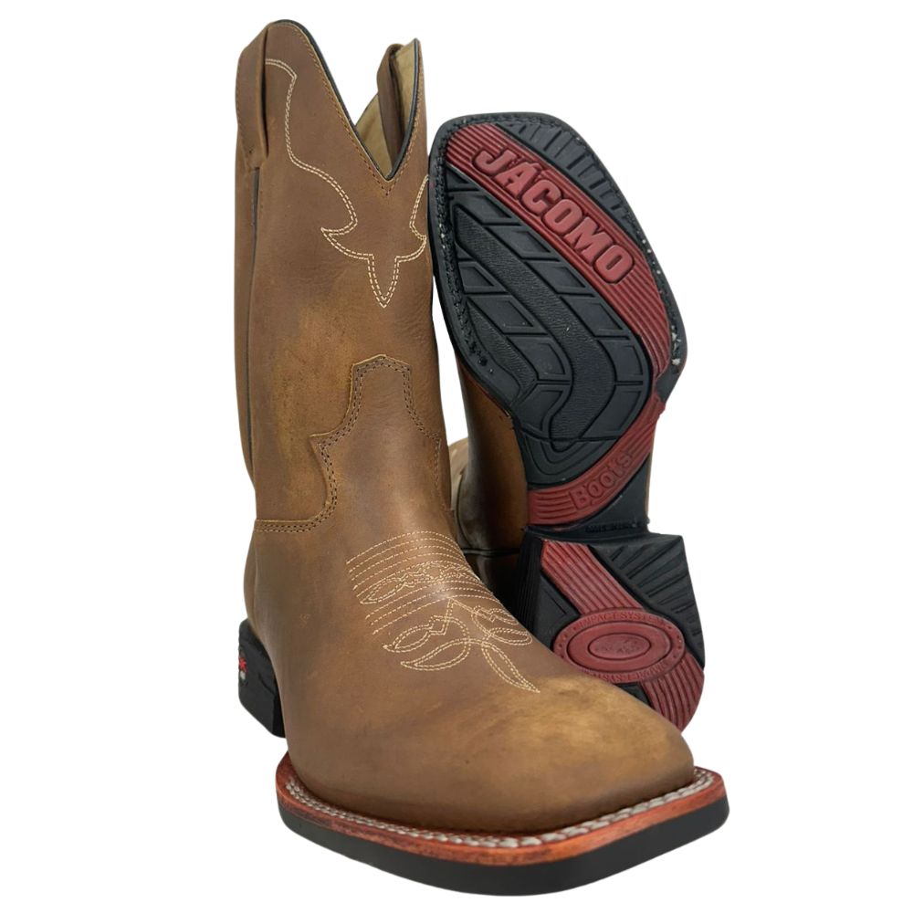 Bota Texana Masculina Jácomo Bico Quadrado Couro Crazy Amendoa Ref:2981/PGD