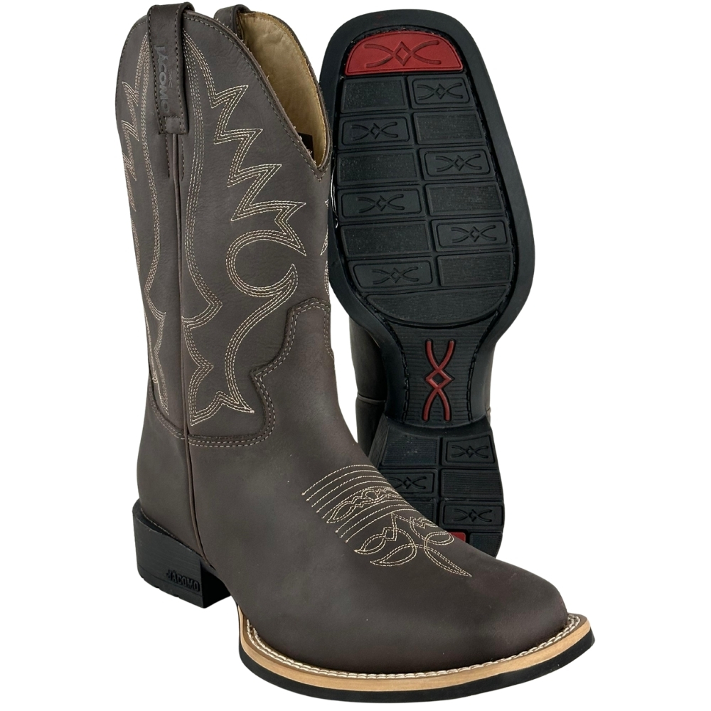 Bota Texana Masculina Jácomo Bico Quadrado Couro Mustang Dark Brown Com Bordado Creme Ref:40011/UM