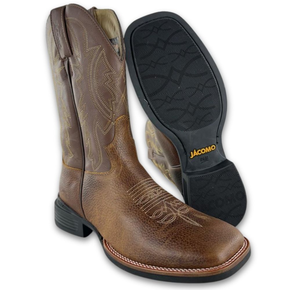 Bota Texana Masculina Jácomo Bico Quadrado Couro Relax Oil Café/Confort Cano Chocolate REF: 40001/MQV