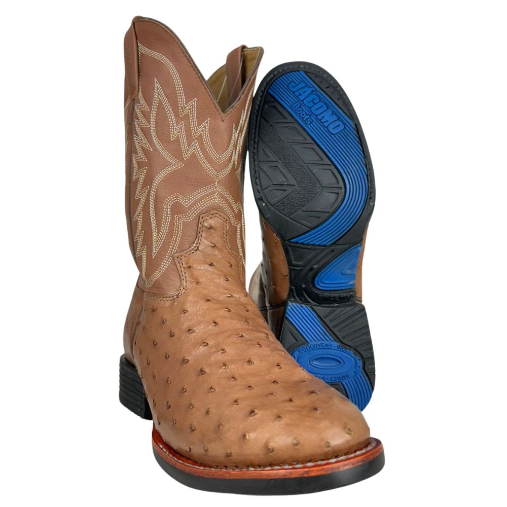 Bota Texana Masculina Jácomo Bico Redondo Couro Avestruz Cheio Conhaque Solado Preto E Azul Ref:40032/GP
