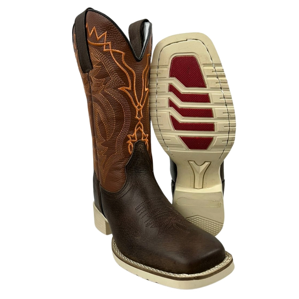 Bota Texana Masculina La Mexicana Bico Quadrado Couro Malboro Castanho C/ Bordado Laranja Sola Cavaleiro Gelo RF: 0712187