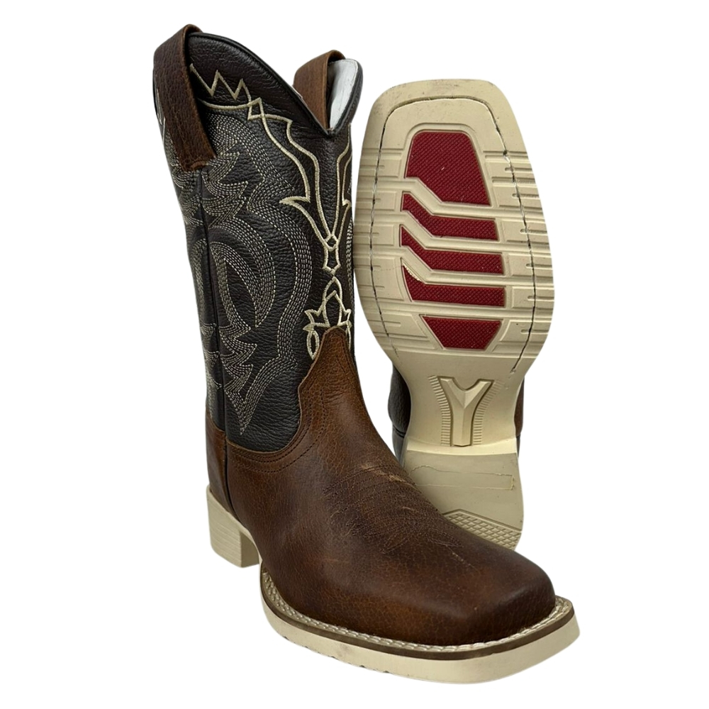 Bota Texana Masculina La Mexicana Bico Quadrado Couro Malboro Wisky/Floater Café - Sola Cavaleiro Gelo REF: 0712186N