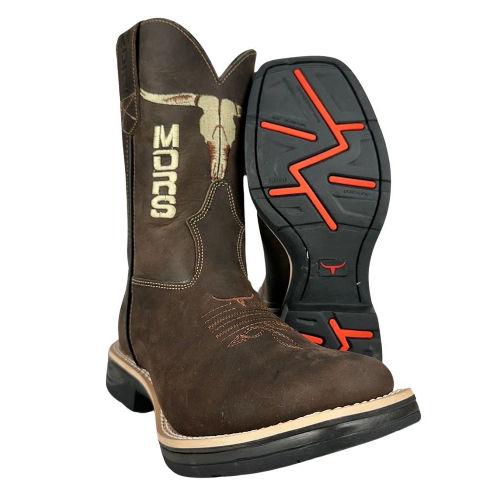 Bota Texana Masculina Moiadeiros Couro Crazy Horse Café Bico Quadrado Solado Jump Ref:1044