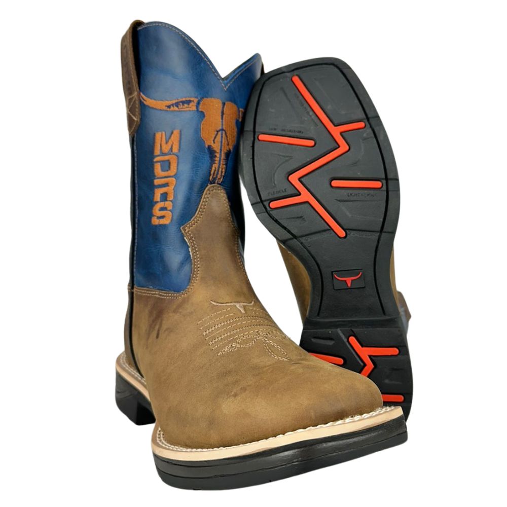 Bota Texana Masculina Moiadeiros Couro Crazy Horse Tabaco/Fóssil Azul Bico Quadrado Solado Jump Ref:1064