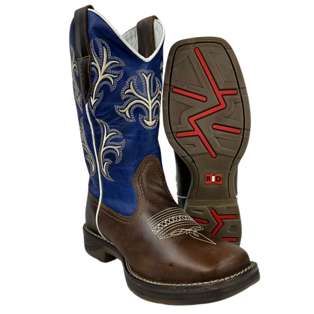 Bota Texana Masculina Red Dust Bico Quadrado Jump Couro Fóssil Tabaco/ Fóssil Azul Com Bordado Creme Ref:B=24=13=AR