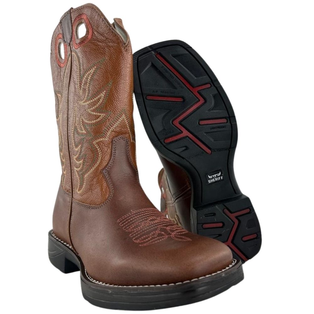 Bota Texana Masculina Sheriff West Caramelo Cano Bordado Verde/Bege Solado Jump