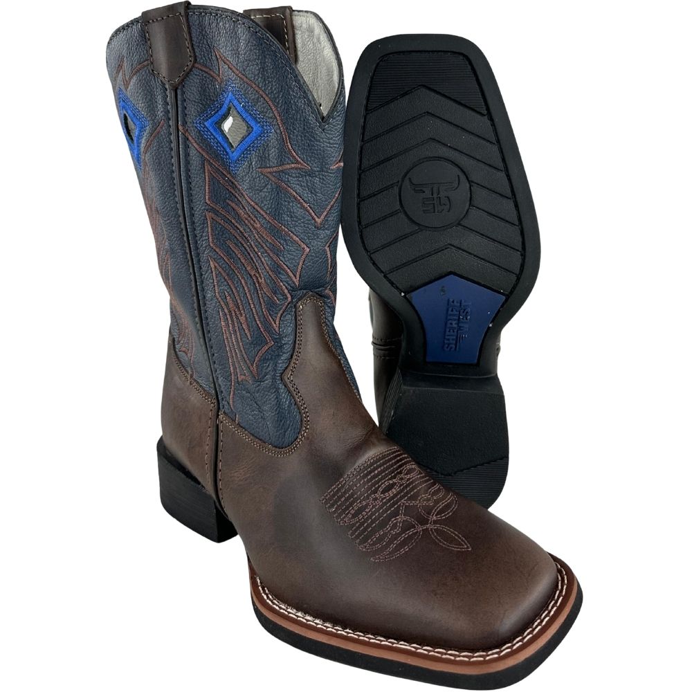 Bota Texana Masculina Sheriff West Marrom Cano Azul Bordado Marrom