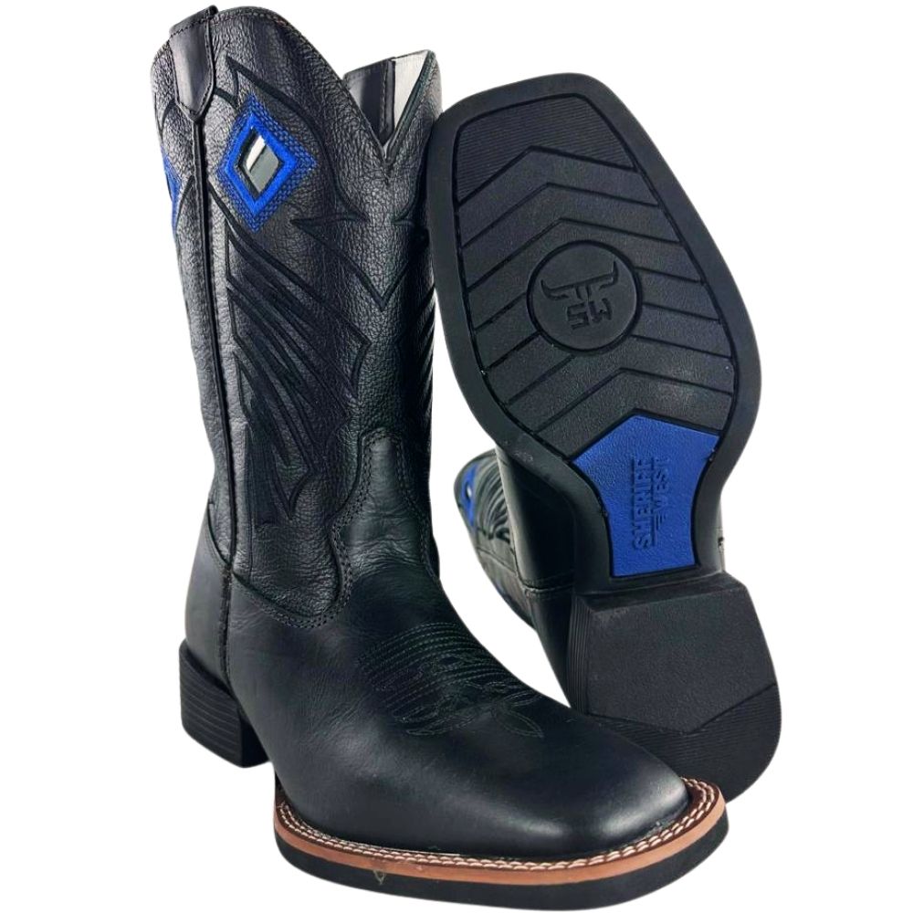 Bota Texana Masculina Sheriff West Preta Cano Preto Bordado Solado Flex Bico Quadrado