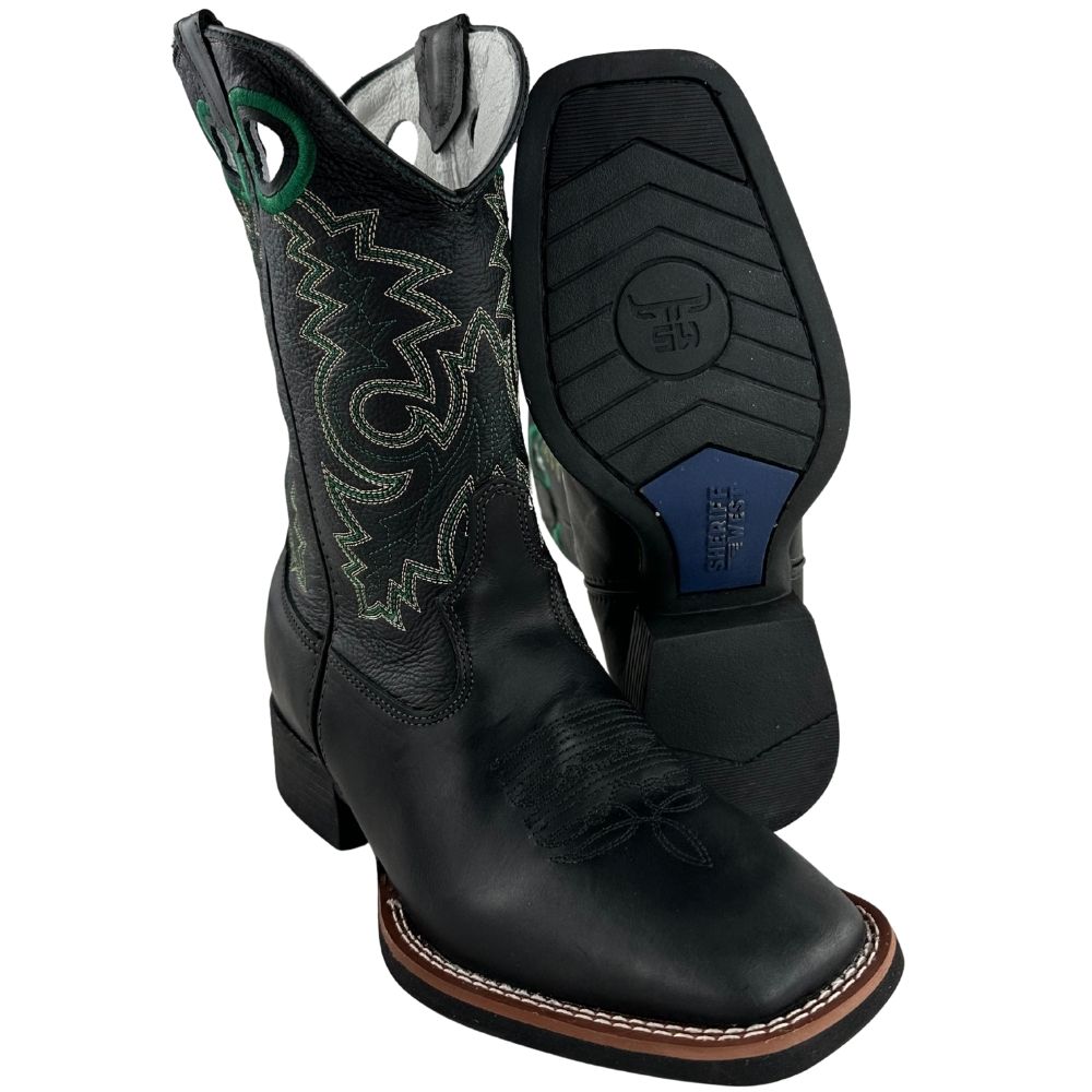 Bota Texana Masculina Sheriff West Preto Cano Preto Bordado Verde