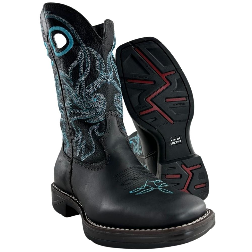 Bota Texana Masculina Sheriff West Preto Cano Preto Com Bordado Azul Solado Jump