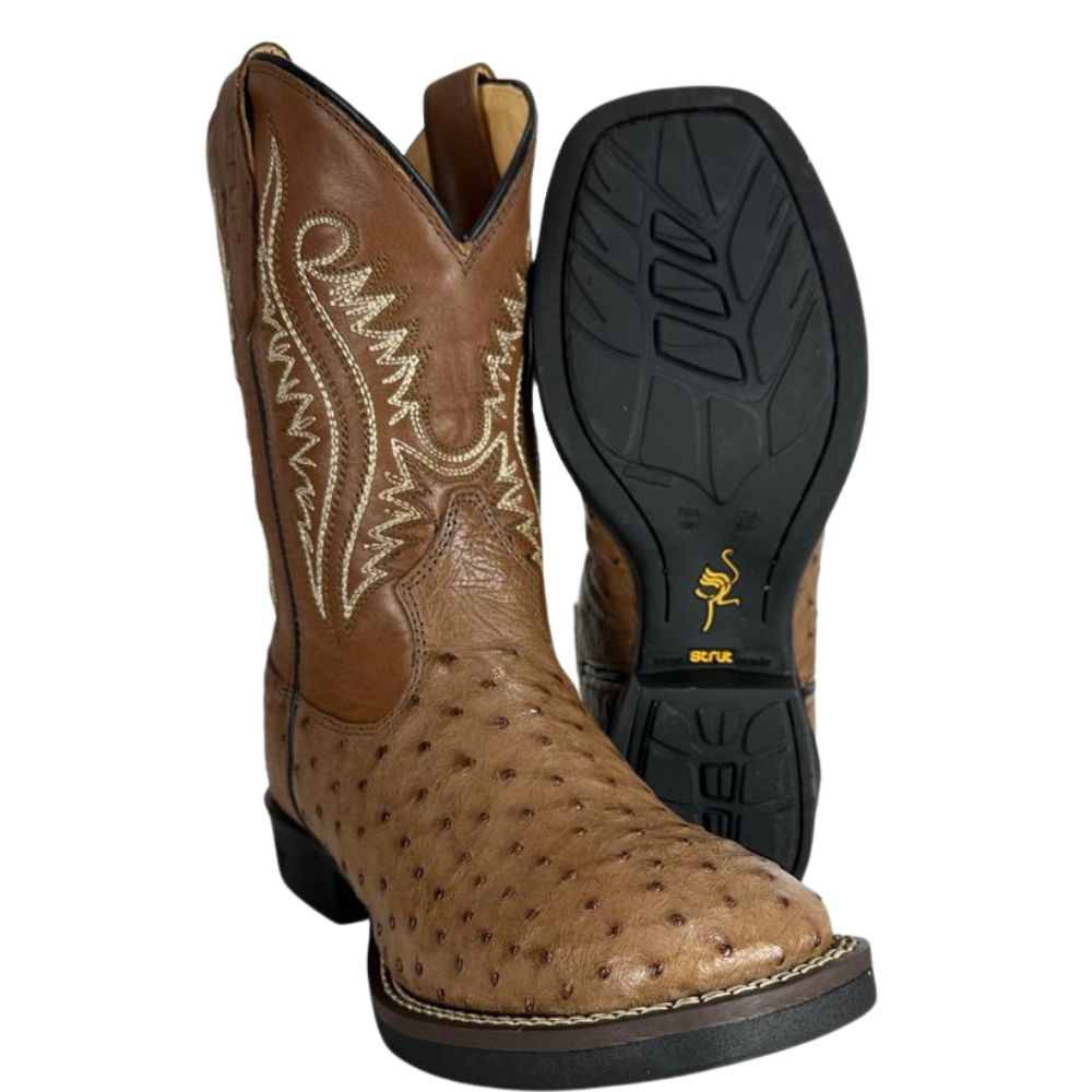 Bota Texana Masculina Strut Couro Avestruz Cheio Tabaco Bico Quadrado Cano Bordado Creme Ref:ST011 NEW