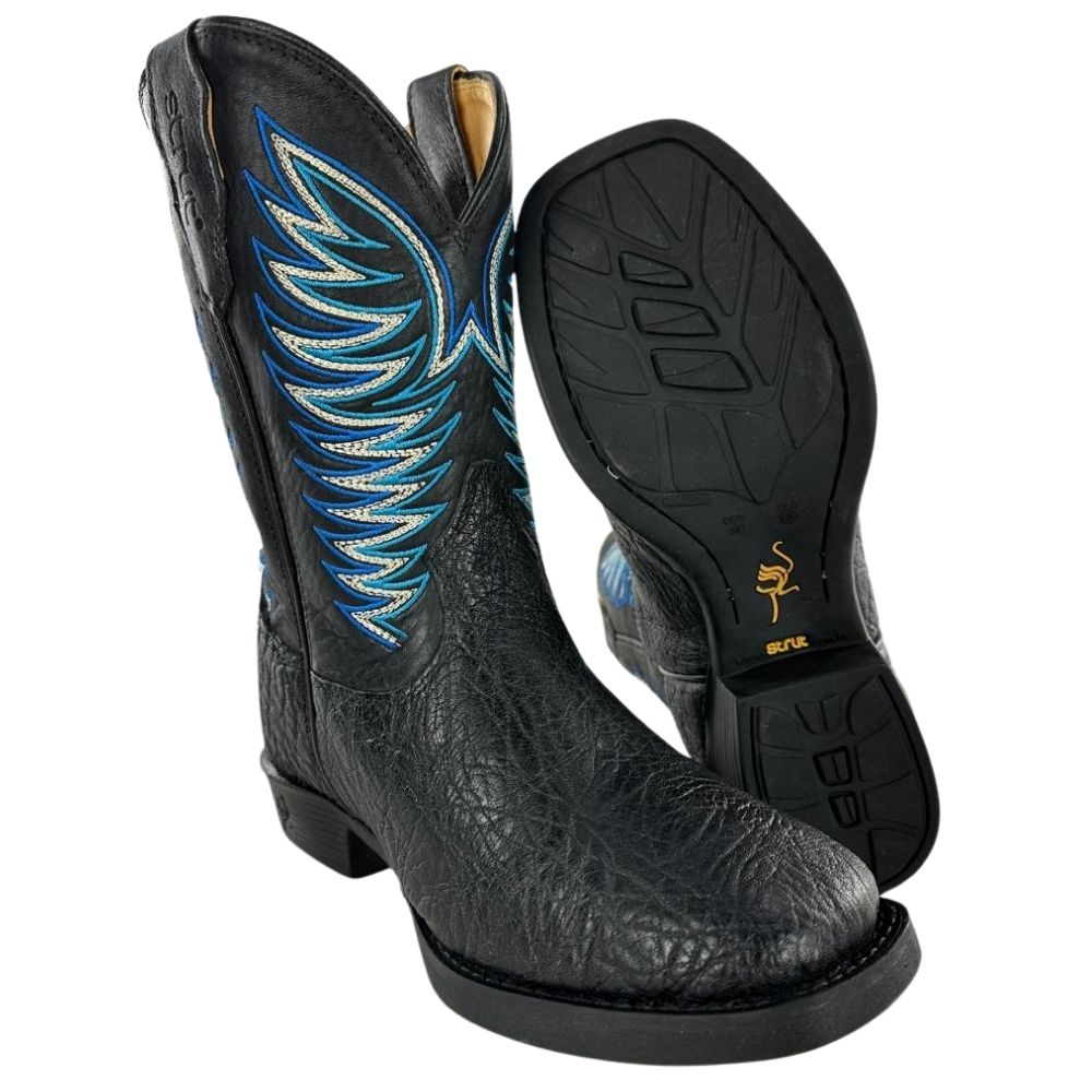 Bota Texana Masculina Strut Couro Carneiro Corrugado Preto Cano Bordado Azul e Branco Ref: St.011 New