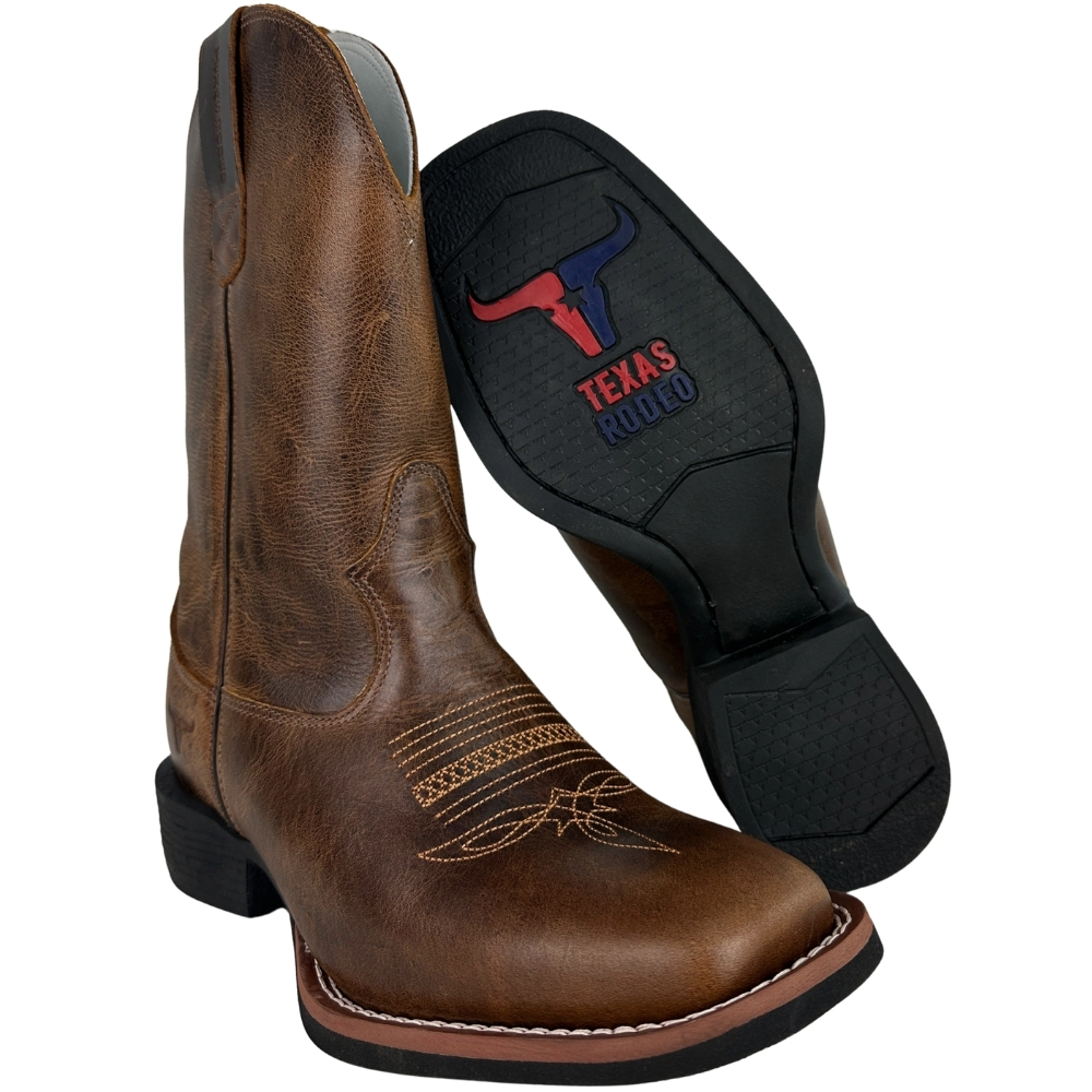 Bota Texana Masculina Texas Rodeo Bico Quadrado Couro Atlanta Caramelo Bordado Florão REF:LQBO