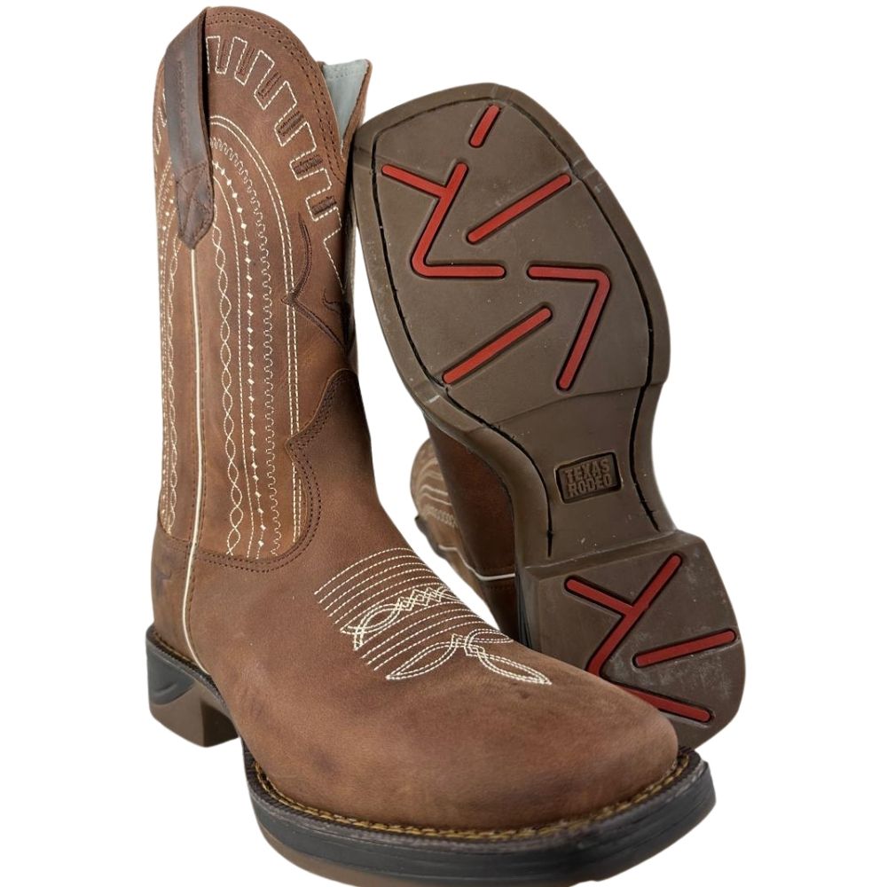 Bota Texana Masculina Texas Rodeo Bico Quadrado Couro Crazy Sela Bordado Jump Caramelo Ref: TR876