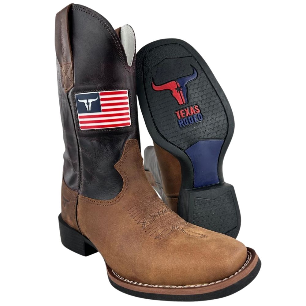 Bota Texana Masculina Texas Rodeo Bico Quadrado Couro Crazy Sela Fóssil Vinho Com Bandeira Ref: TR656 - LQBO