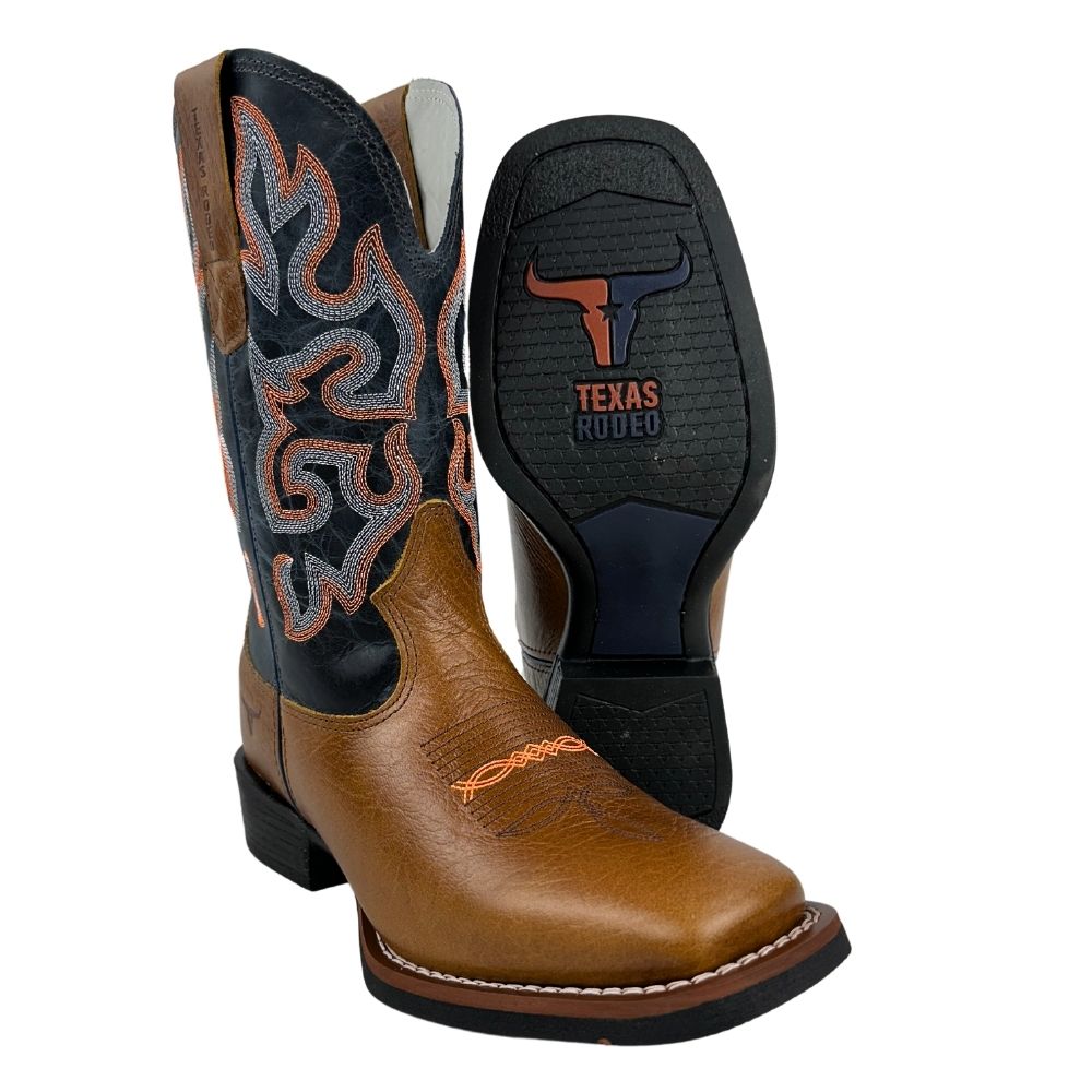 Bota Texana Masculina Texas Rodeo Bico Quadrado Couro Malboro Mostarda Cano Fóssil Azul Escuro Ref.TR751-LQBO