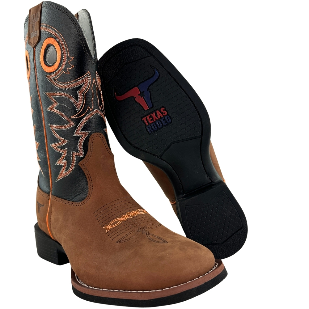 Bota Texana Masculina Texas Rodeo Bico Quadrado Solado Flex Couro Crazy Sela Preto Cano Bordado REF:TR16211029-LQBO