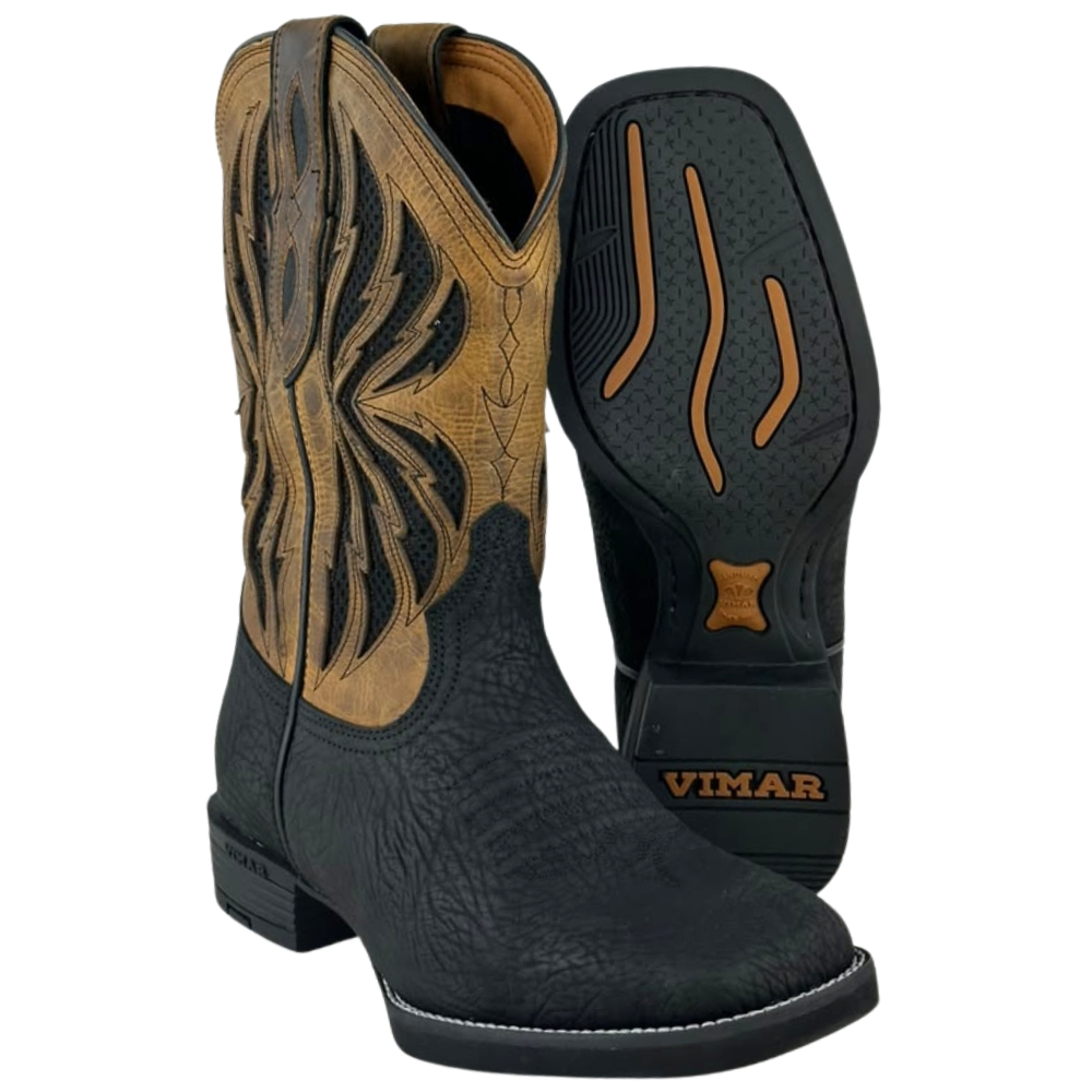 Bota Texana Masculina Vimar Bico Quadrado Fossil Preto Cano Bege Escuro Sola Smoke Ref:81410