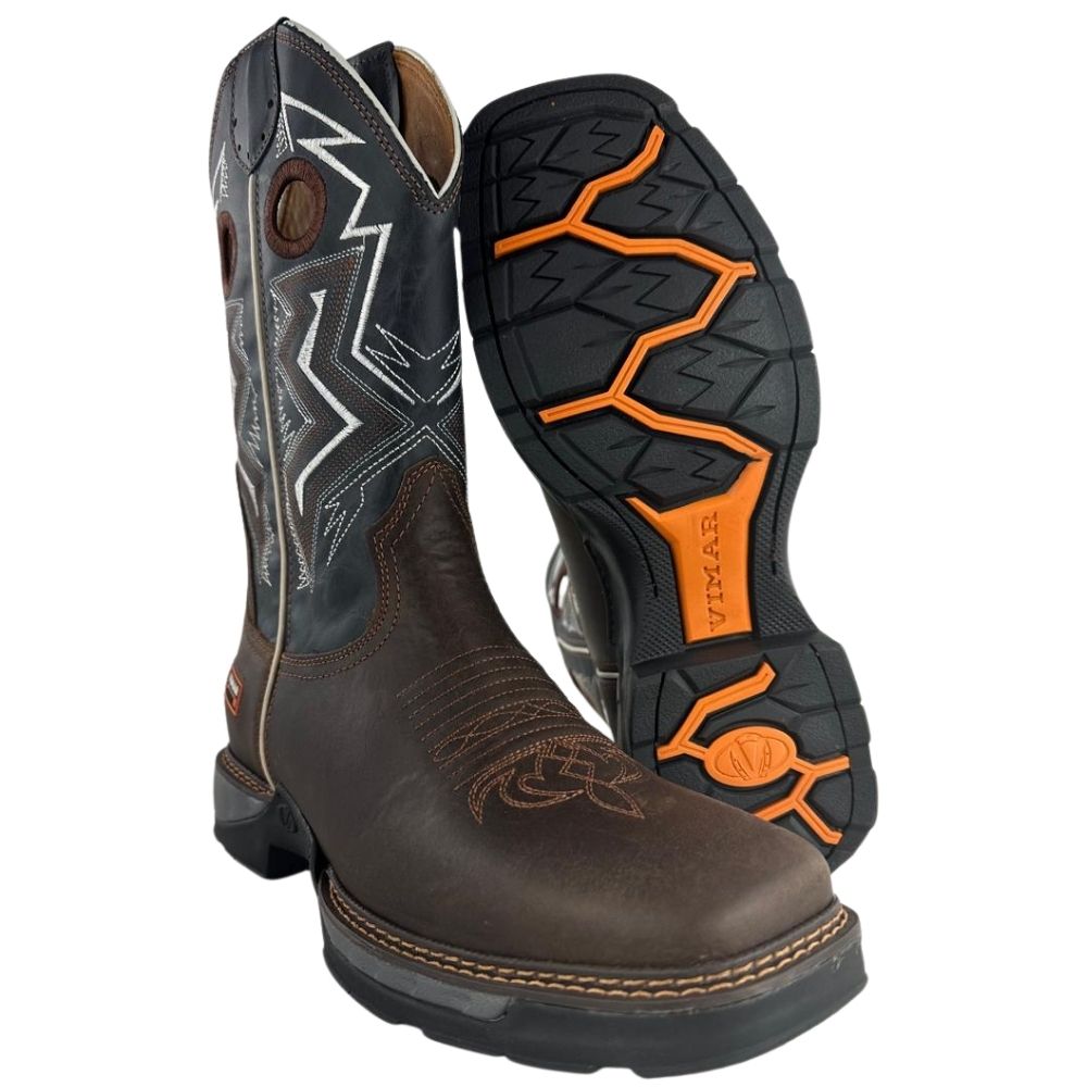 Bota Texana Masculina Vimar Cano Médio Tundar Bico Quadrado Solado Jump Café/Azul Marinho Ref:81330