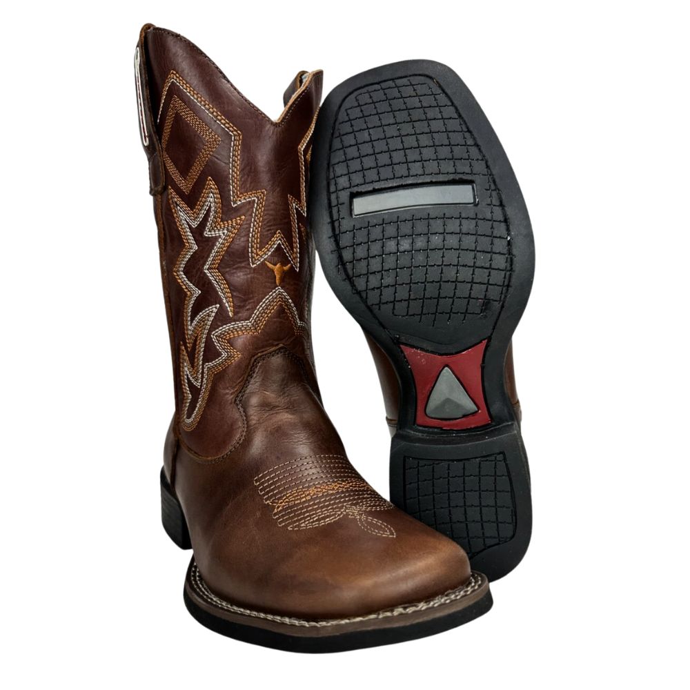 Bota Texana Masculino Big Bull Boots Couro Floater Tabaco/ F Cela Com Bordado Ref:900-110 Cenoura