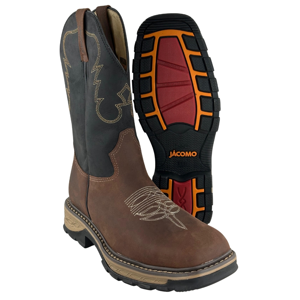 Bota Texana Masculina Jácomo Bico Quadrado Work Couro Mustang Sella Fóssil Oil Preto Ref:30001/WEB
