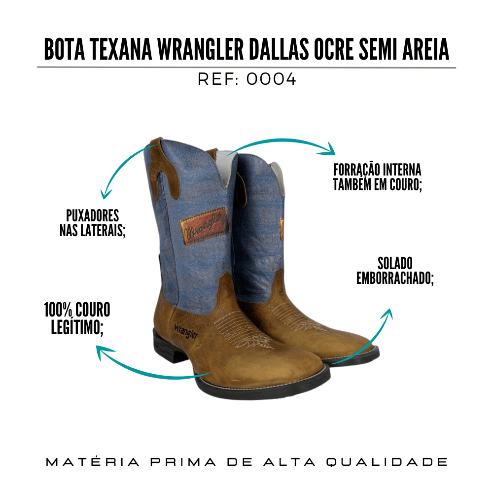 Bota Texana Masculina Wrangler Dallas Ocre Semi Areia - Badana