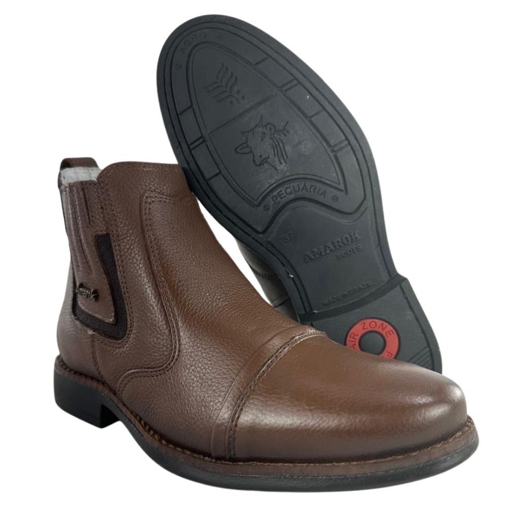 Botina Masculina Amarok Bico Redondo Couro Bolonha Pinhão Sola Borracha Aroeira Nova Ref:4054-7A