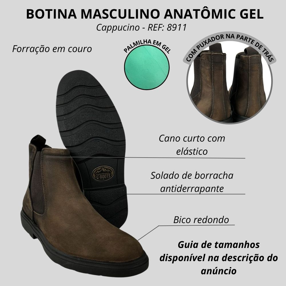 Bota Masculina Anatomic Gel - Couro Marrom - Solado Antiderrapante