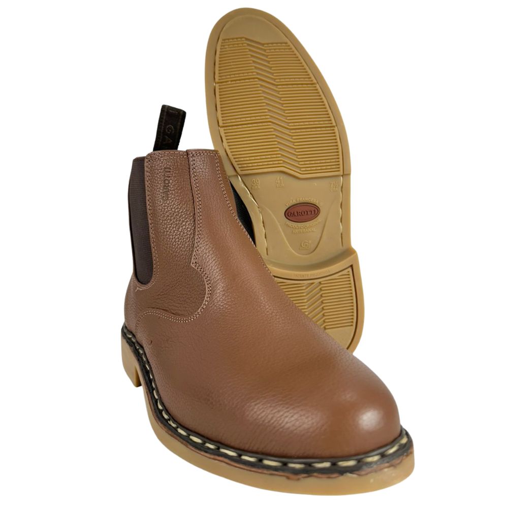 Botina Masculina Garotti Vira Francesa Couro Floater Conhaque Bico Redondo Sola Natural Ref:900 COD:0713