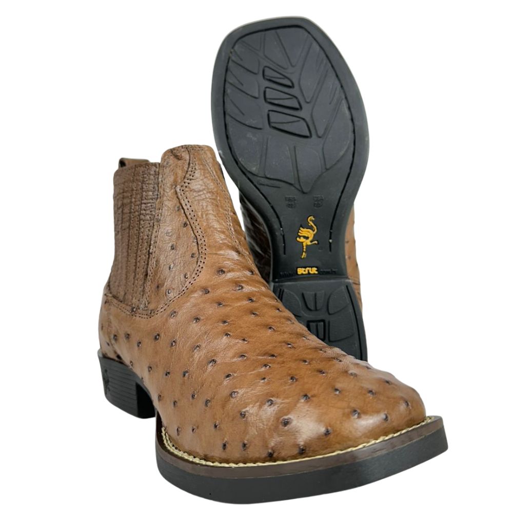 Botina Masculina Strut Couro Avestruz Cheio Tabaco Ref:BOT-STRUT 3036 Bico Quadrado