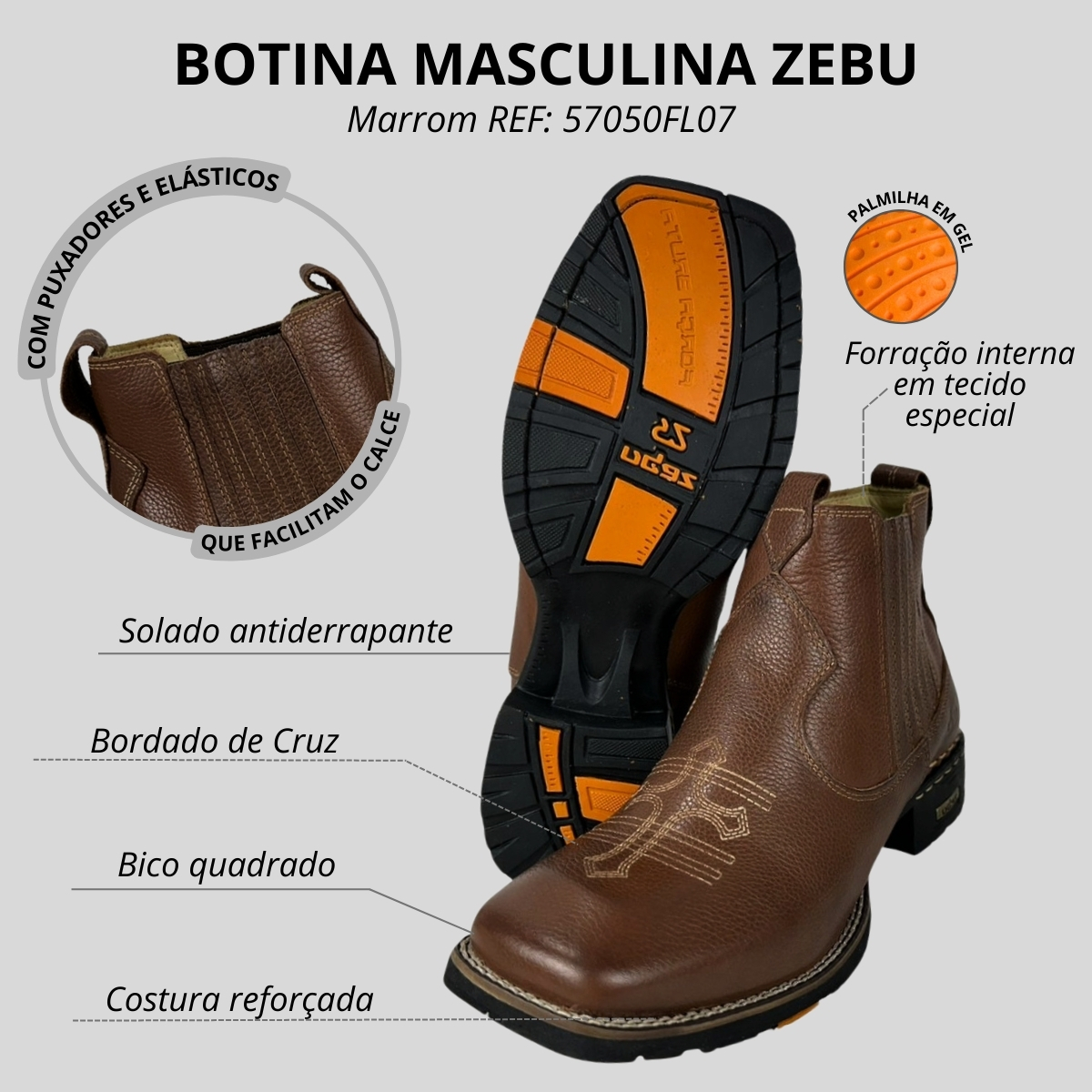 Botina Masculina Zebu Bico Quadrado Couro Floater Whisky Bordado