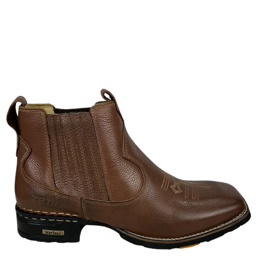 Botina Masculina Zebu Bico Quadrado Couro Floater Whisky Bordado