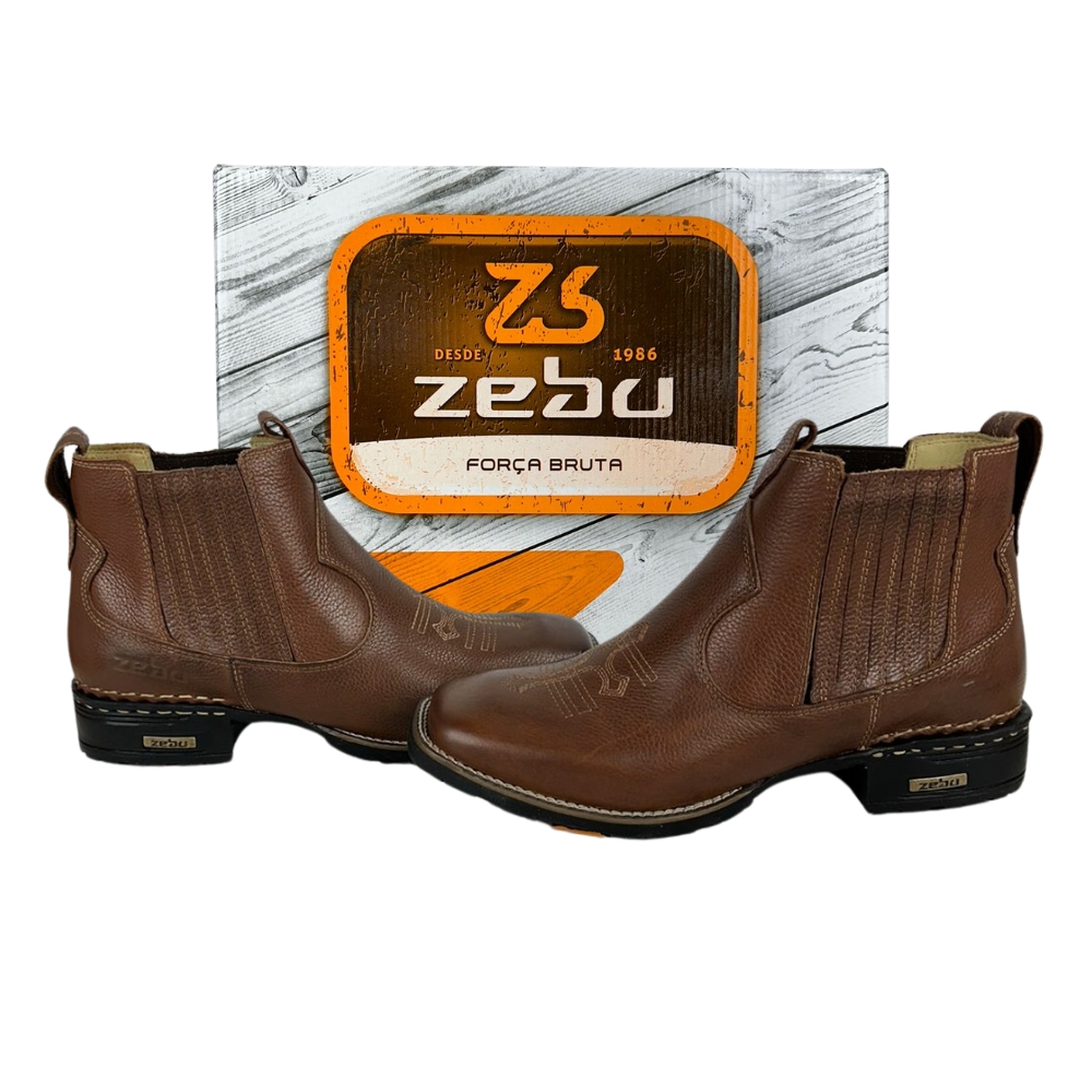 Botina Masculina Zebu Bico Quadrado Couro Floater Whisky Bordado