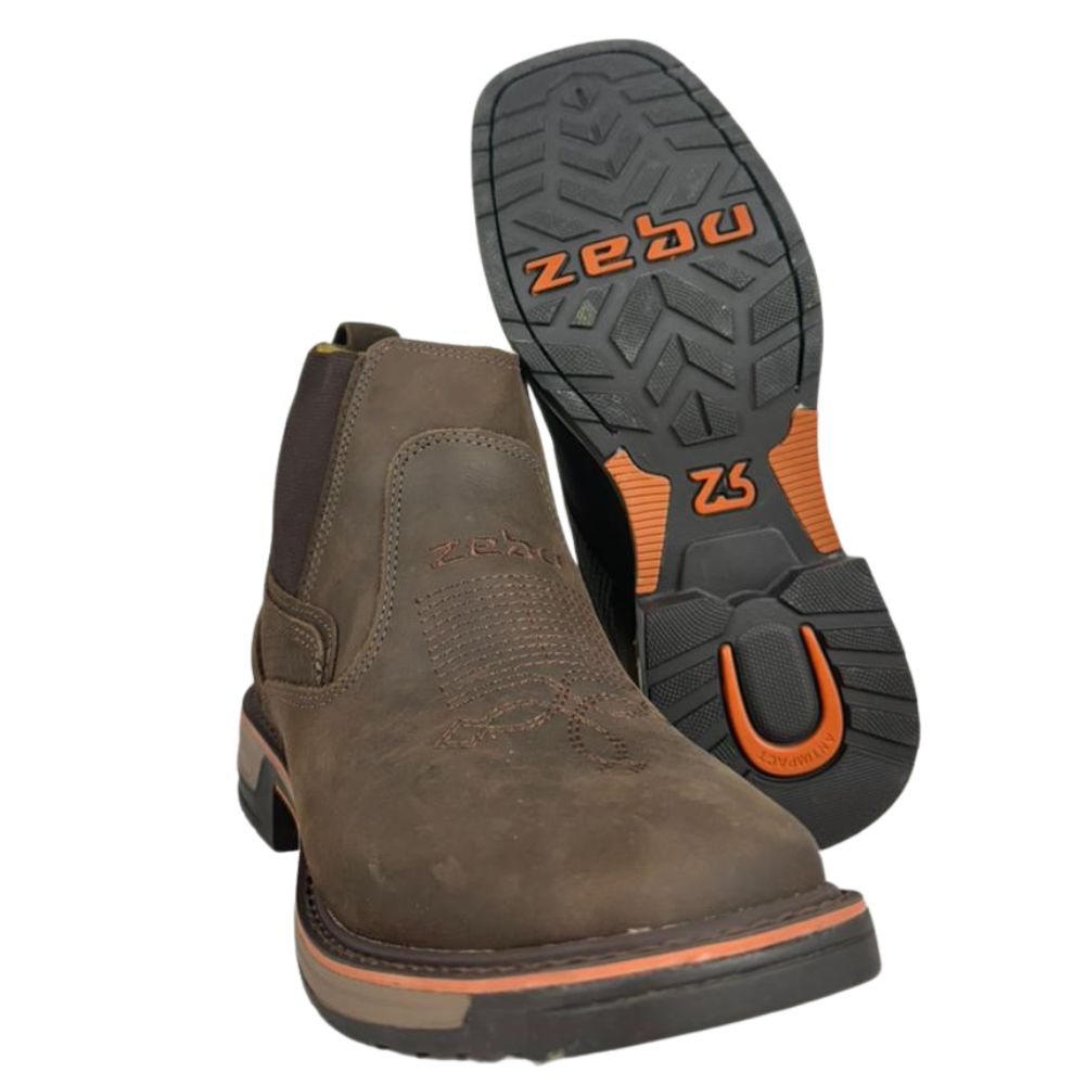 Botina Masculina Zebu Bico Quadrado Couro Mustang Graxo Florão Solado Sobreiro Bordado Zebu E Florão Ref:93110MS03