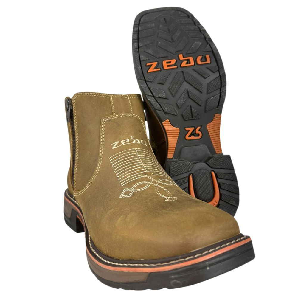 Botina Masculina Zebu Bico Quadrado Couro Mustang Sela Bordado Florão Solado Sobreiro Ref:93100 MS06