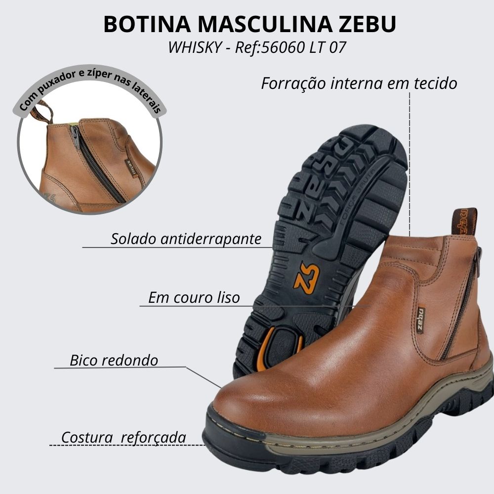 Botina Masculina Zebu Couro Látego Whisky Bico Redondo Com Zíper