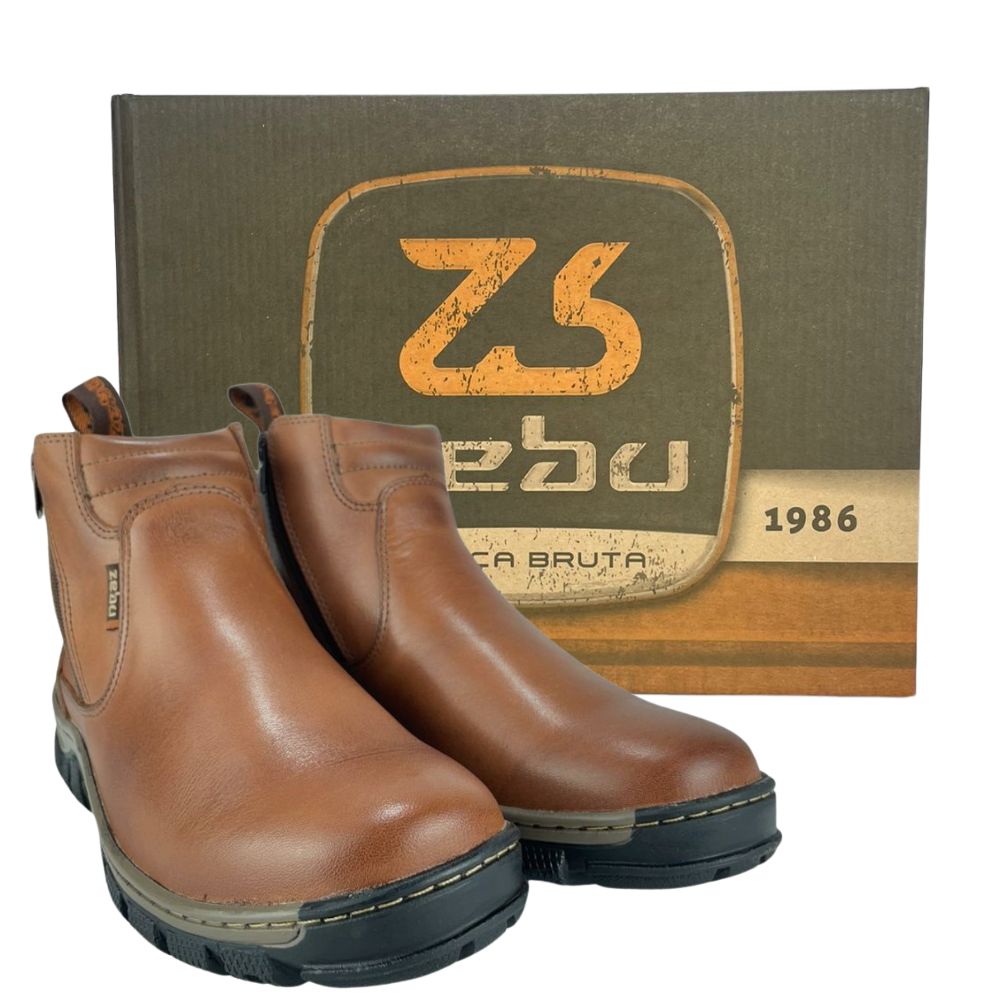 Botina Masculina Zebu Couro Látego Whisky Bico Redondo Com Zíper