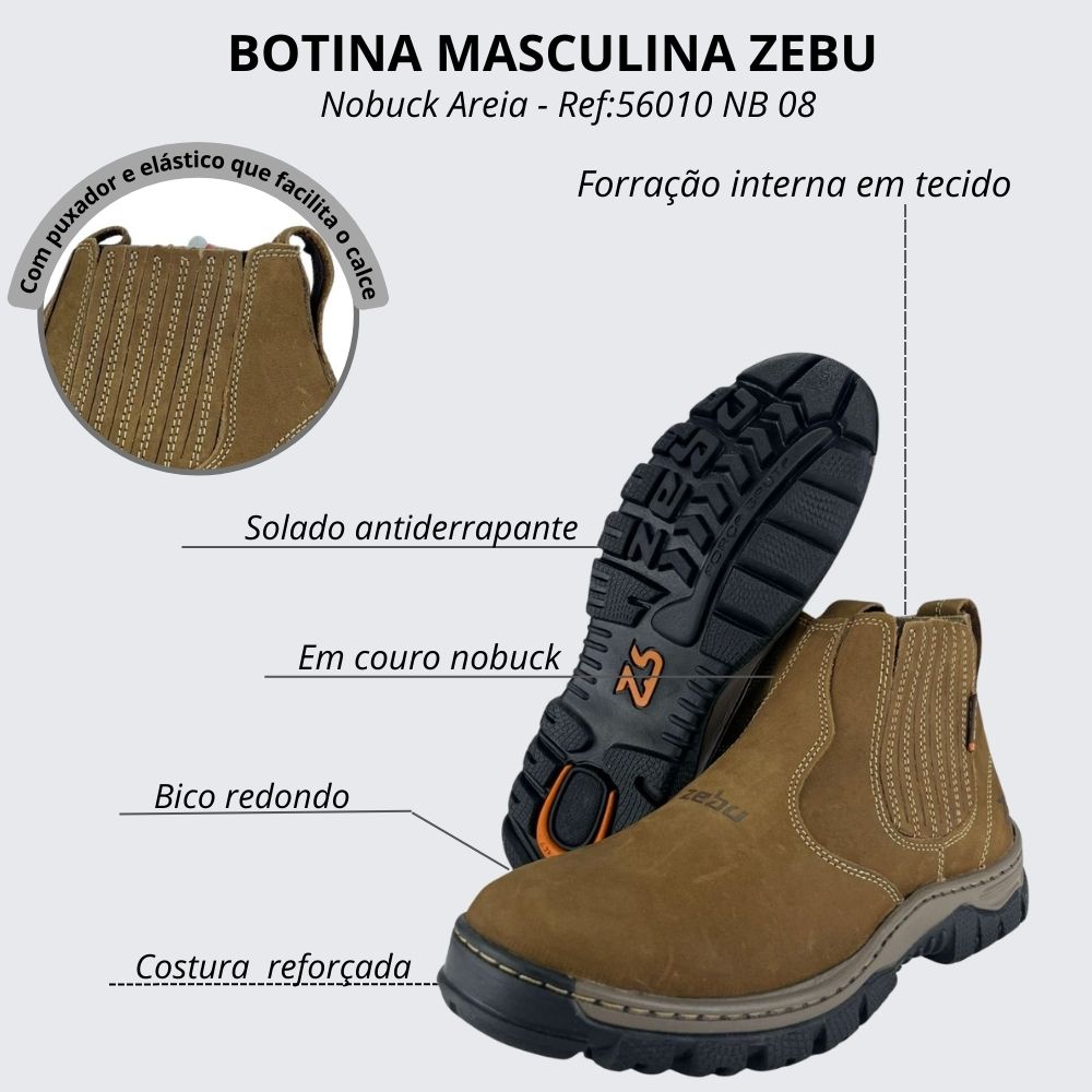 Botina Masculina Zebu Couro Nobuck Areia Com Carimbo Zebu Ref